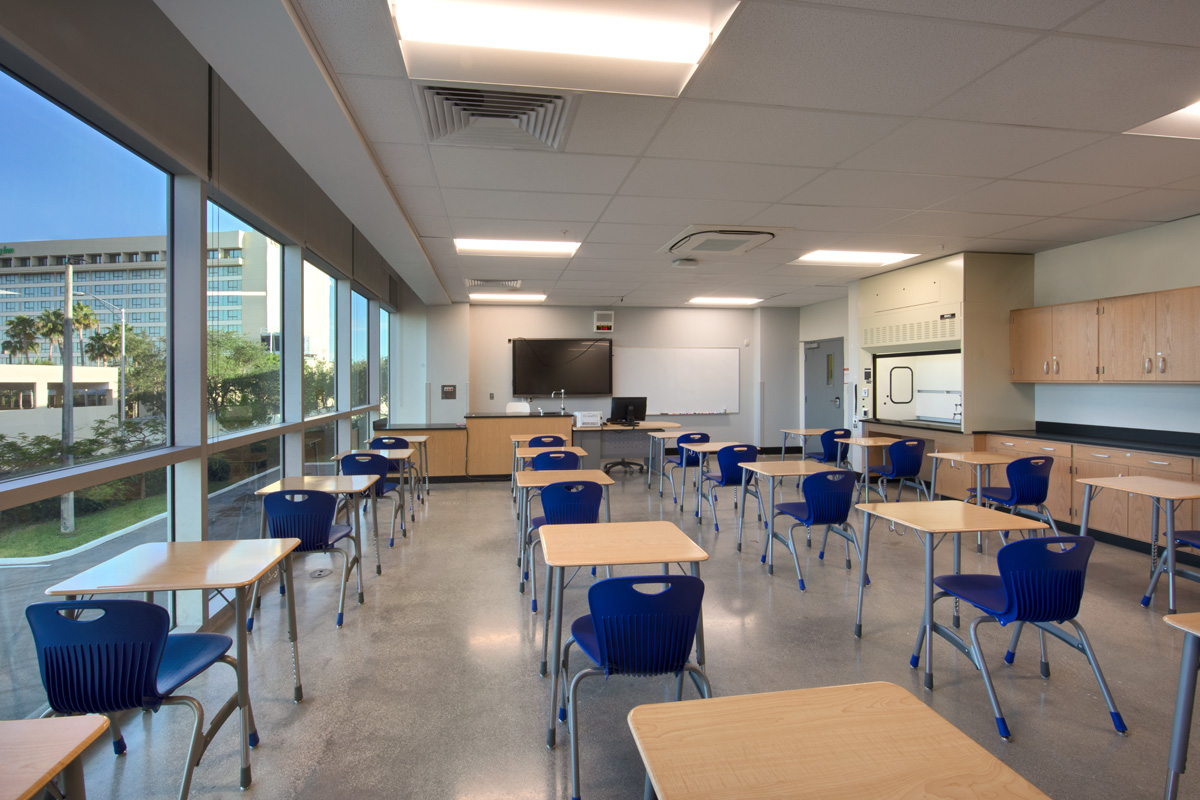 Interior design view of a science classroom at the Mater Academy stem charter high school in Miami, FL 